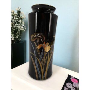 Vintage Gold Iris Vase Black and Gold Floral Art Stamped Japan